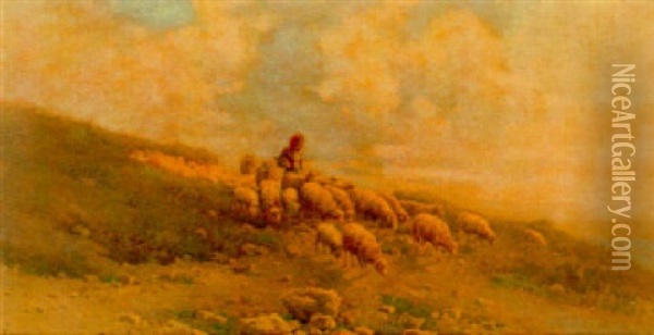 A Shepherdess With Her Flock On A Hillside Oil Painting - Angelos Giallina