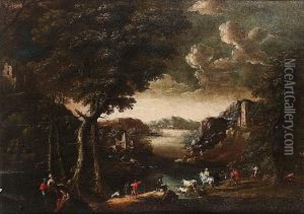 An Extensive River Landscape With Travellers On A Track And Figures Resting By A Pool; And An Extensive River Landscape With Figures On A Track, A Drover Watering A Cow And Goats On A Bank Nearby Oil Painting - Giuseppe Roncelli