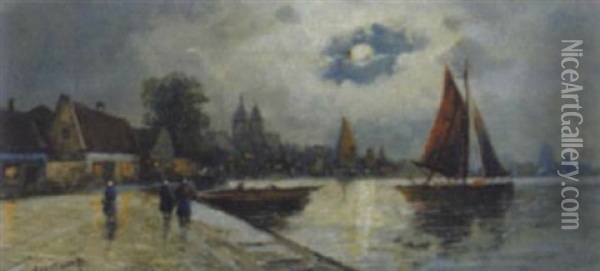 Niderlandischer Hafen Im Mondschein Oil Painting - Peter Veerkamp