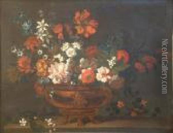 Still Life Of Flowers In A Brass Urn, On A Ledge Oil Painting - Jean-Baptiste Monnoyer