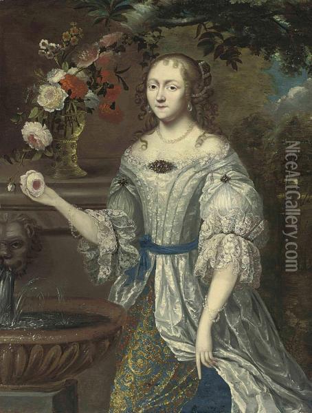 Portrait Of A Lady Traditionally Identified As Madame Ninon De
Lenclos (1620-1705), Three-quarter-length, In A Lace-trimmed Blue
And Gray Dress, With Roses, Narcissi And Other Flowers In A Roemer
On A Ledge, Beside A Classical Fountain Oil Painting - Henri Gascard
