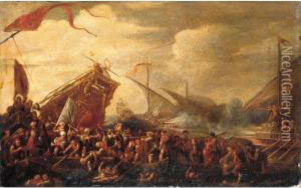 A Naval Battle Between Turks And Christians Oil Painting - Cornelis de Wael