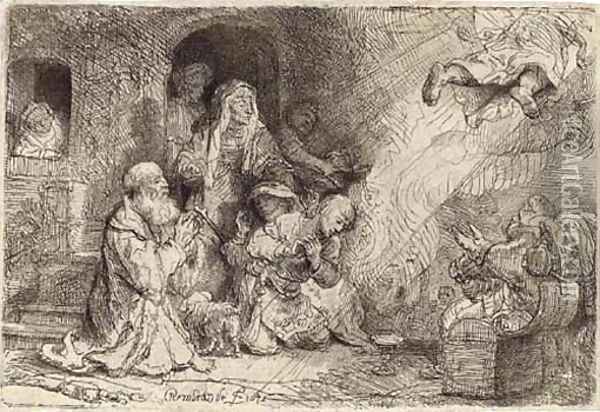 The Angel departing from the Family of Tobias Oil Painting - Rembrandt Van Rijn