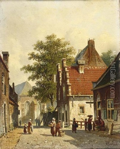 Villagers In The Sunlit Streets Of A Dutch Town Oil Painting - Adrianus Eversen