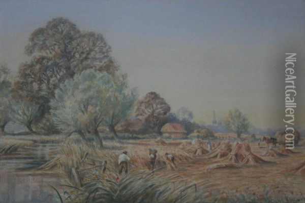 Harvest Scene In A Riverside Meadow Oil Painting - Wiggs Kinnaird