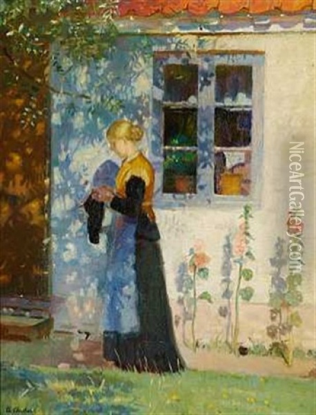 En Ung Pige Med Sit Strikketoj Foran Et Skagenshus Oil Painting - Anna Kirstine Ancher