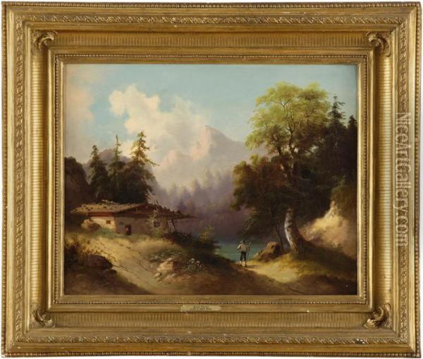 Bewaldete Seenlandschaft Mit Wanderern. Oil Painting - Josef Thoma