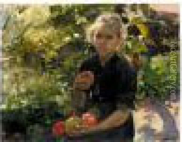 Nina Comiendo Manzanas (young Girl Eating Apples) Oil Painting - Joaquin Sorolla Y Bastida