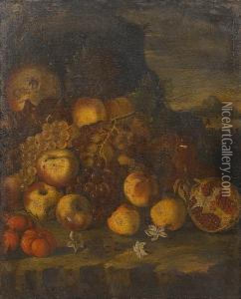Pomegranates, Apples, Grapes And Figs On A Stone Ledge In A Landscape Oil Painting - Giovan Battista Ruoppolo