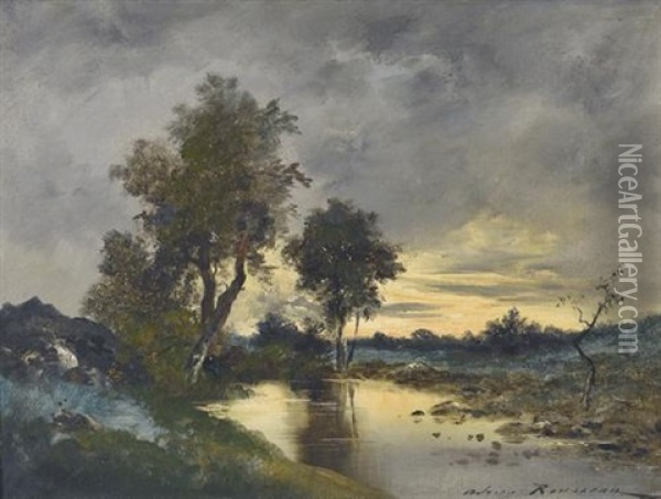 Landschaft Bei Sonnenuntergang Mit Weiher Oil Painting - Adrien Rousseau
