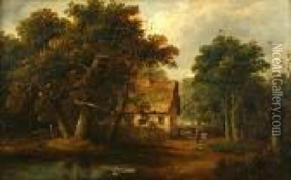 Figures Before A Thatched Cottage In Woodland Oil Painting - John Moore Of Ipswich