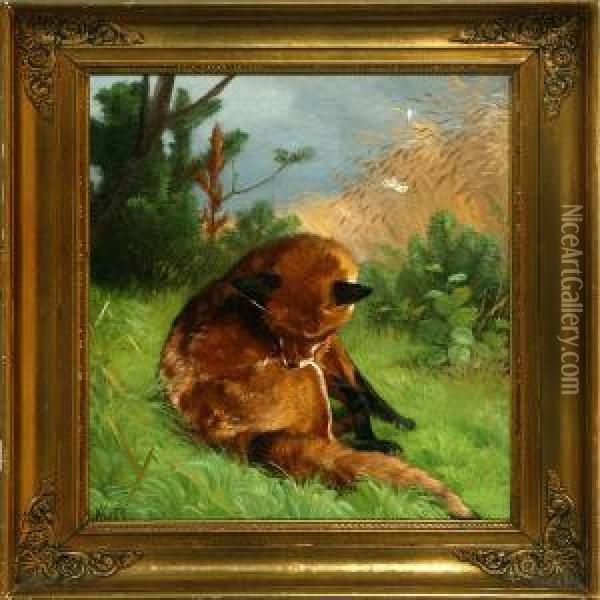 A Fox By A Field. Signed With Monogram Oil Painting - Adolf Henrik Mackeprang
