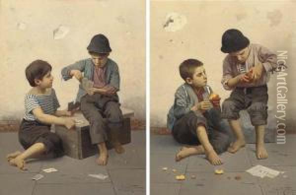 Boys Peeling Oranges; And Boys Playing Cards Oil Painting - Giulio Del Torre