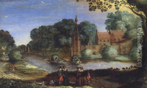 Fluslandschaft Mit Einer Vornehmen Gesellschaft, Im Hintergrund Ein Schlos Oil Painting - Hendrik van der Borcht the Elder