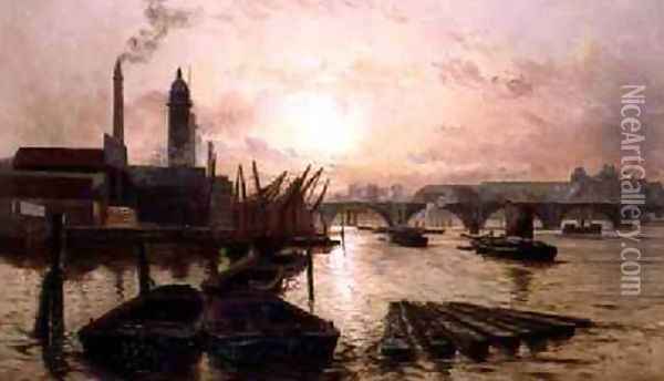 The Old Hungerford Bridge on the River Thames Oil Painting - Charles John de Lacy