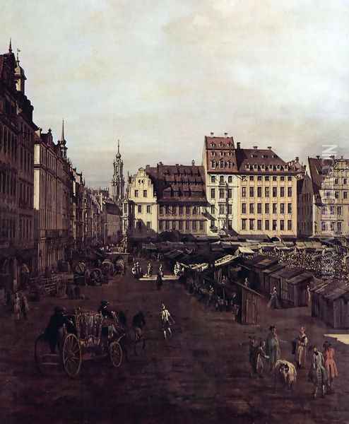 View of Dresden, The Old Market Square from the Seegasse, Detail Oil Painting - Bernardo Bellotto