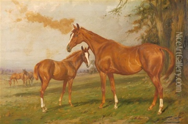 Horses In A Landscape Oil Painting - George Wright