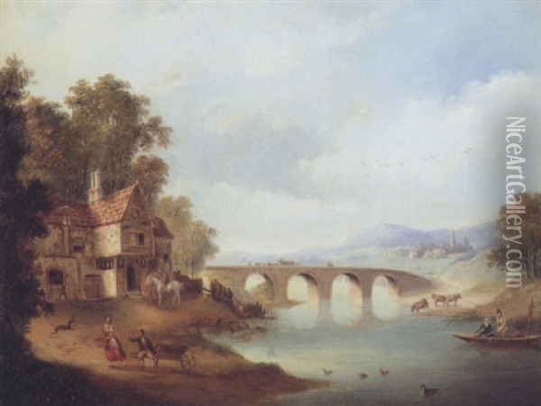 River Landscape With Figures Fishing On A Bridge, An Inn On The Bank Oil Painting - Julius Caesar Ibbetson