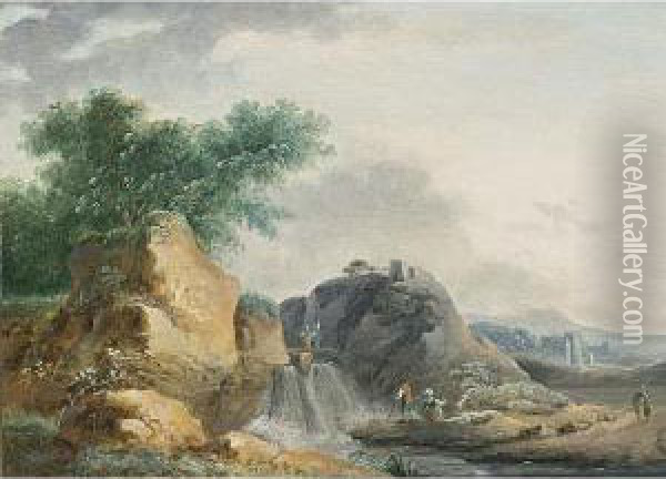 Rocky Landscape With A Waterfall Oil Painting - Carl Eduard Ahrendts
