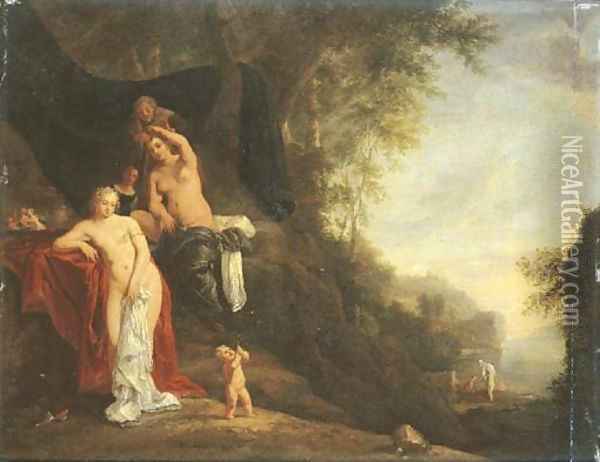 A wooded landscape with nymphs resting and a putto blowing bubbles, nymphs bathing beyond Oil Painting - Daniel Vertangen