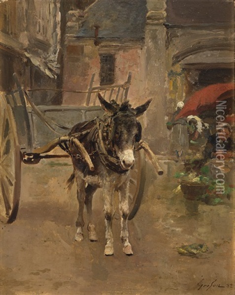 Esel Mit Karren - Im Hintergrund Eine Blumenverkauferin Oil Painting - Francois Adolphe Grison