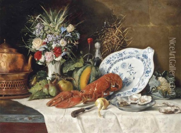 A Lobster And Oysters On A Table Oil Painting - Otto Goldmann