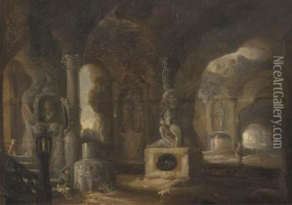 The Interior Of A Grotto With Figures Amongst Classical Ruins Andfountains Oil Painting - Abraham van Cuylenborch
