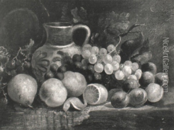 Still Life Of Fruit With A Jug On A Rush Matted Table Oil Painting - William Hughes