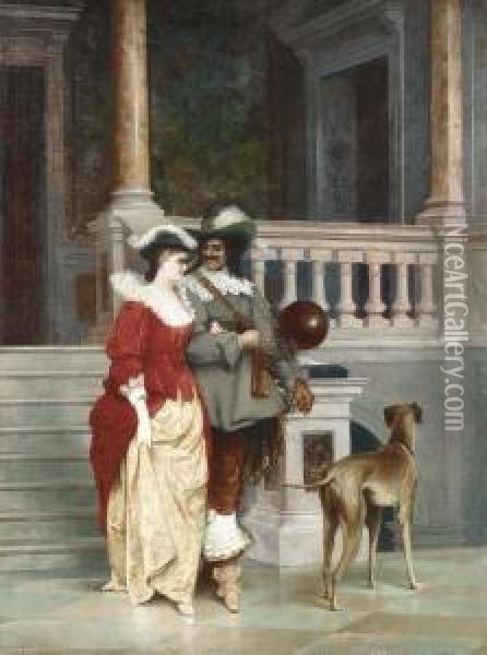 A Fashionable Couple On A Grand Stairway Oil Painting - Tito Conti