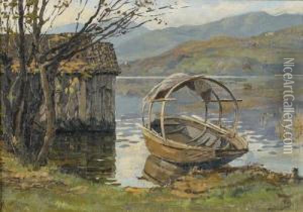 Herbstliche Seeuferpartie Mit Boot. Oil Painting - Achille Solari