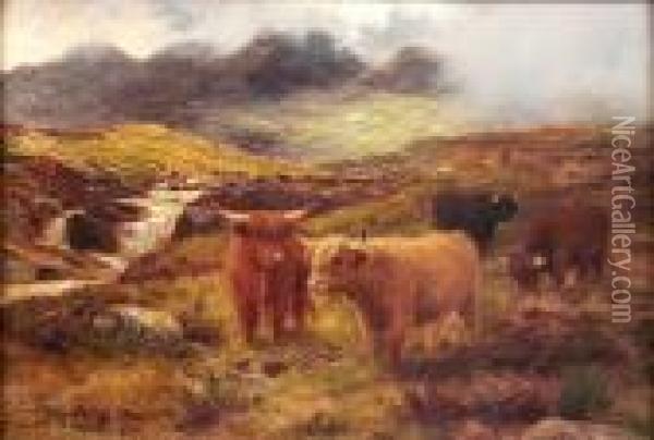 Highland Cattle In A Misty Mountain Landscape Oil Painting - Louis Bosworth Hurt
