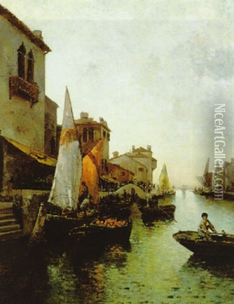 Marktszene Auf Einem Kanal (chioggia?) Oil Painting - Leontine (Lea) von Littrow