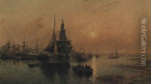 Shipping Off A Harbour (chatham?) Oil Painting - Charles John de Lacy