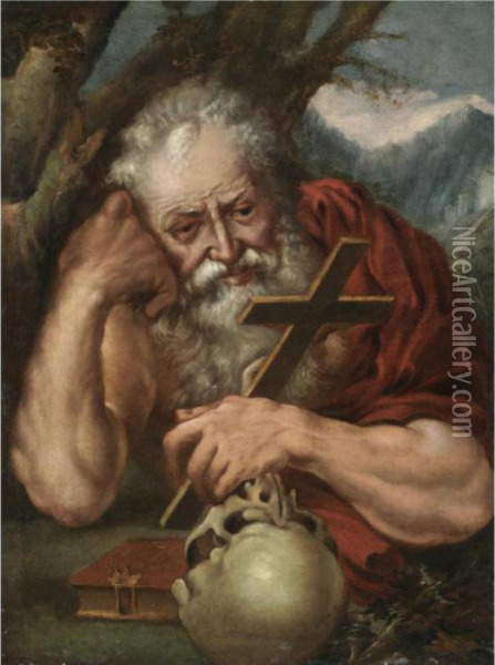 Saint Jerome Meditating Before A Crucifix And A Skull Oil Painting - Agostino Carracci