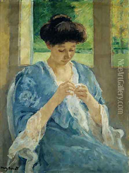 Augusta Sewing Before a Window 1905 Oil Painting - Mary Cassatt