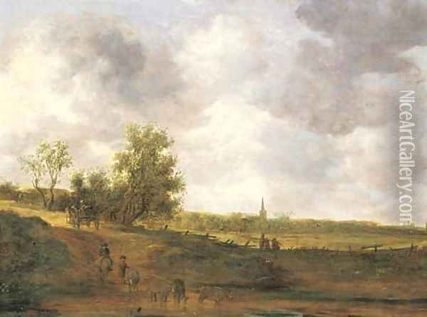 A rural landscape with peasants and a drover by a track, a village beyond 2 Oil Painting - Jan van Goyen