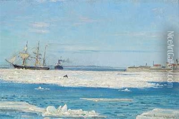 Skibe Ud For Kysten, Vinter Oil Painting - Vilhelm Karl Ferdinand Arnesen