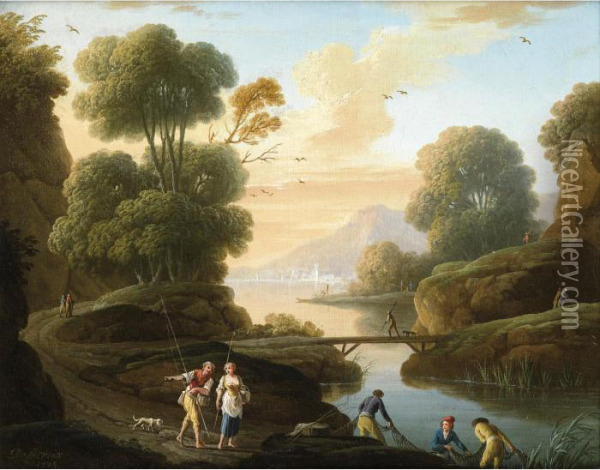 River Bank With Fishermen Oil Painting - Charles Francois Lacroix de Marseille