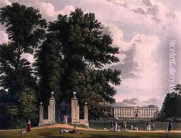 Entrance to the Avenue from Clare Hall Piece (the New Building of Kings), Cambridge, from The History of Cambridge, engraved by Joseph Constantine Stadler (fl.1780-1812), pub. by R. Ackermann, 1815 Oil Painting - William Westall