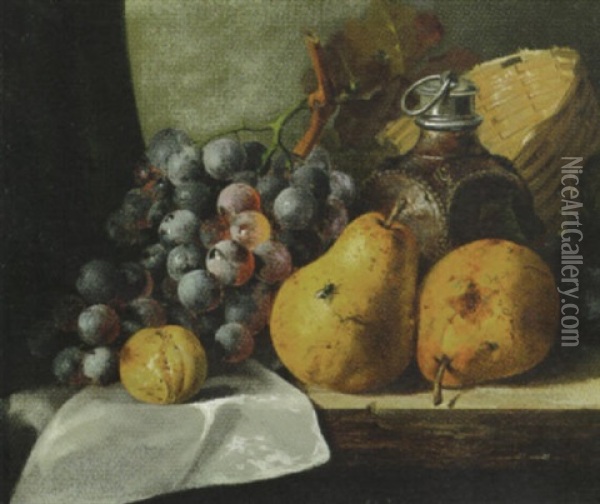 Pears, Grapes, A Greengage, Plums, A Stoneware Flask And A Wicker Basket On A Wooden Ledge Oil Painting - Edward Ladell