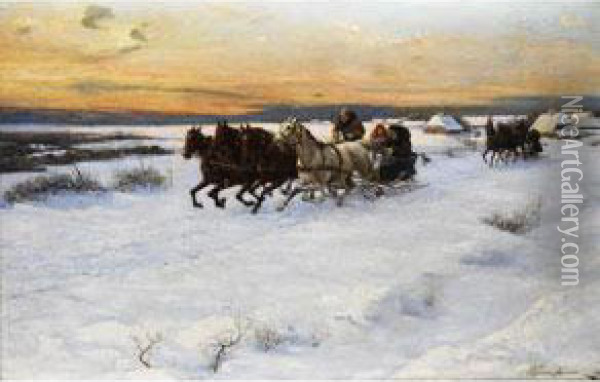 Pferdeschlitten In Winterlicher Landschaft Oil Painting - Alfred Wierusz-Kowalski