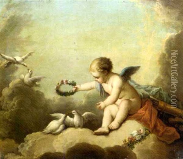 Cupid Playing With Doves Among The Clouds Oil Painting - Charles Dominique Joseph Eisen