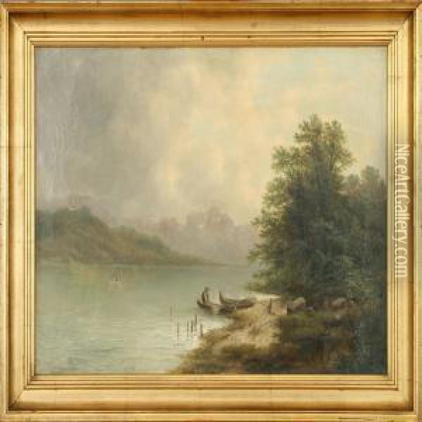 Attributed To: A Southern European Landscape With Mountains. Signed A. Lang Oil Painting - Albert Lang