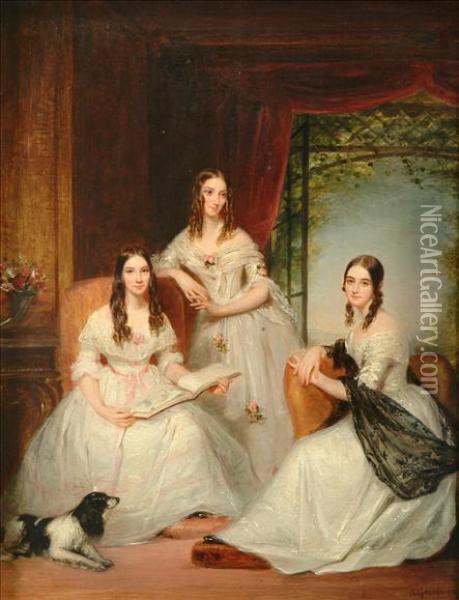 Group Portrait Ofthree Sisters, Said To Be Relations Of Lord Cobham Of Cobham Hall,kent Full Length Seated In A Drawing Room Interior Oil Painting - William Gush