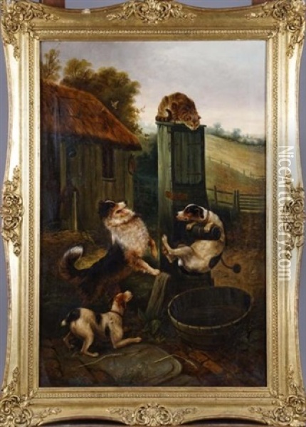 Chiens Et Chats A La Fontaine Oil Painting - Charles Doudelet