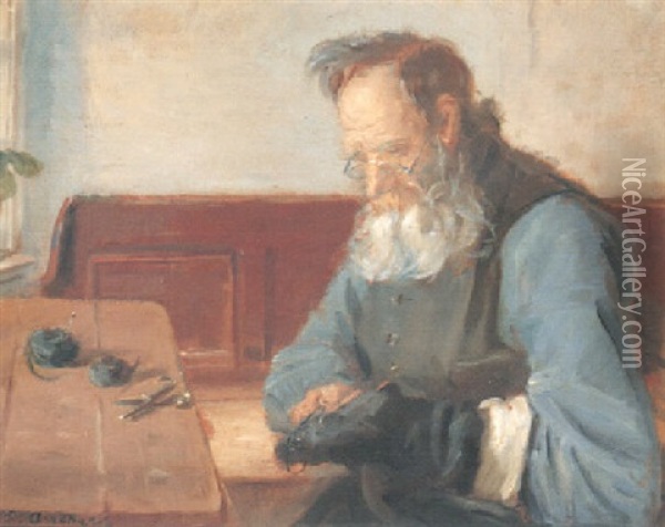 An Old Man Mends His Stocking Oil Painting - Anna Kirstine Ancher