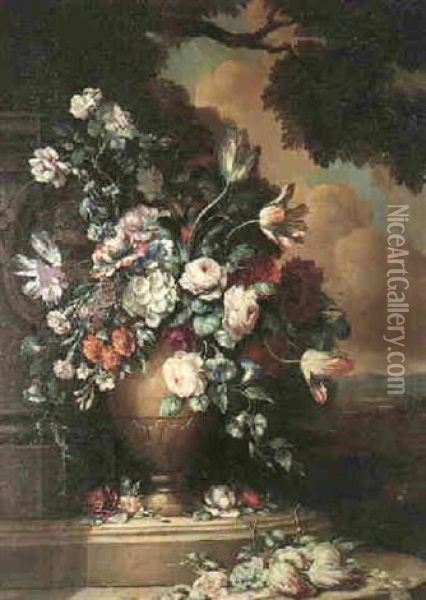 Still Life Of Flowers In A Stone Vase Beside A Stone Balustrade In A Garden Oil Painting - Michele Antonio Rapous