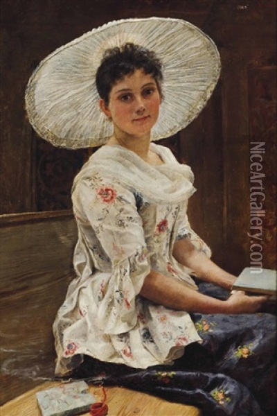 Young Beauty In A White Hat Oil Painting - Franz Xavier Simm