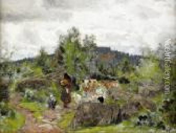 Landskap Med Figur Och Boskap Oil Painting - Olof Arborelius