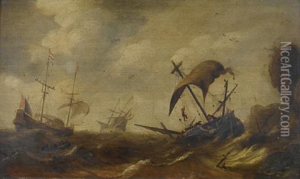 Dutch Shipping Foundering In Stormy Seas Off A Rocky Coastline Oil Painting - Jacob Adriaenz. Bellevois